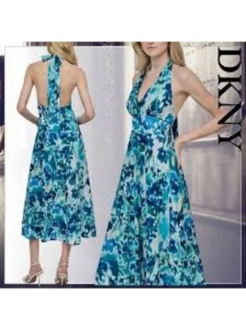 DKNY Women's Cotton V-Neck Halter Tie-Back Midi Dress Size 8